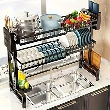Over Sink Dish Drying Rack Adjustable 24.4"-39.4", 3-Tier Expandable Kitchen Dish Drainer Rack with Utensil Holder, Heavy Duty Black Sink Shelf Organizer for Small Kitchen Counter Storage