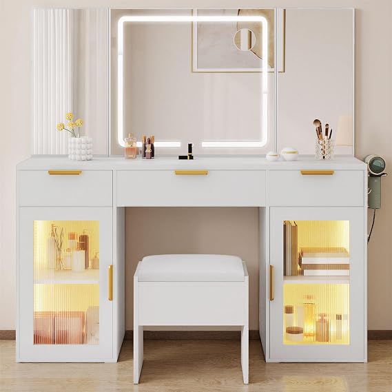 DWVO 56" Vanity Table Set with TriFold Mirror & LED Lights