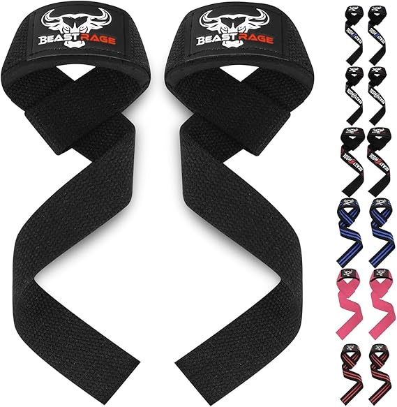 BEAST RAGE Weight Lifting Straps Fitness Padded Cotton Wrist Support Gel Advanced Grips Dumbbell Bar Wraps Heavy Duty Gym Bodybuilding Straps Power Deadlift Barbells Non Slip Exercise
