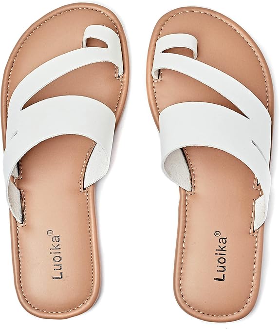 Luoika Women's Wide Width Toe Ring Flat Slides Sandals