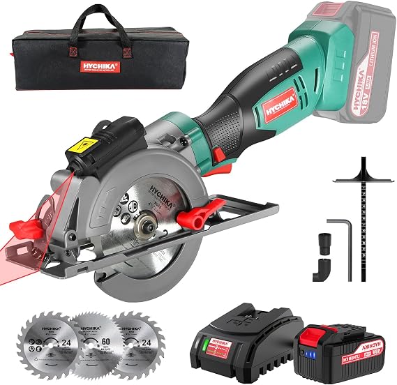 HYCHIKA Cordless Circular Saw, 18V Mini Circular Saw with 4.0Ah Battery, 3 Blades(4-1/2",4-9/10"), 3500RPM Max Cuting Depth:90(48mm)/45(32mm), Compact Circular Saw for Wood, Plastic and Soft Metal