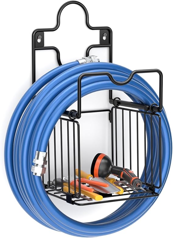 Garden Hose Holders for Outside Metal Water Hose Holder Wall Mount Hose Hanger with Storage Basket Heavy Duty Waterhose Holder for Outside Hose Rack Outdoor Hose Caddy Hook for Garden Organizer Black