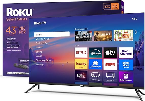 Roku Smart TV 43-Inch Select Series, 4K HDR TV RokuTV with Enhanced Voice Remote Flat Screen LED Television with Wi-Fi for Streaming Live Local News, Sports, Family Entertainment