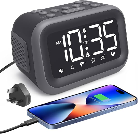 115dB Super Loud Alarm Clock for Heavy Sleepers, Mains Powered | Digital Alarm Clocks Bedside, Brightness/Volume Control, USB Port, 2 Alarm, Snooze, 12H/24H DST, LED Display (Incl. Adapter)