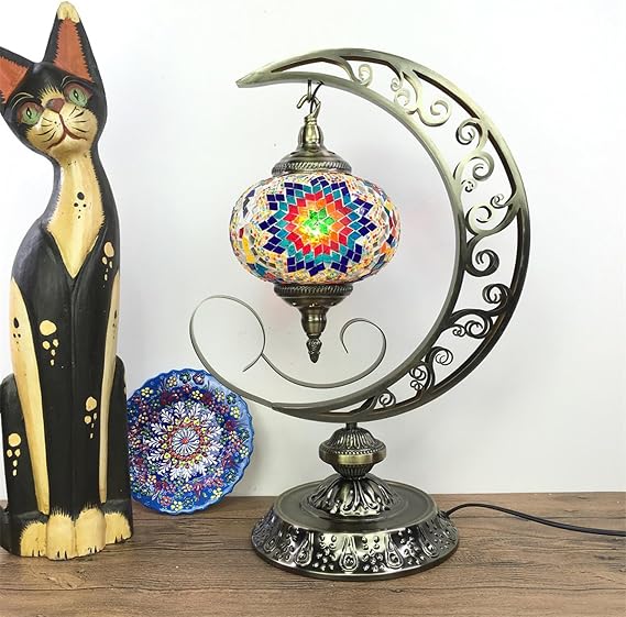 Turkish Moon Table Lamp Moroccan Handmade Mosaic Desk Lights Bohemian Retro Globe Bedside Night Lamps for Bedroom Kids Room Restaurant Cafe Bar,F