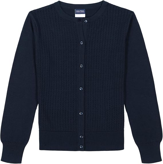 Nautica Girls' School Uniform Basic Cardigan Sweater, Long Sleeve, Button Up with Ribbed Cuffs