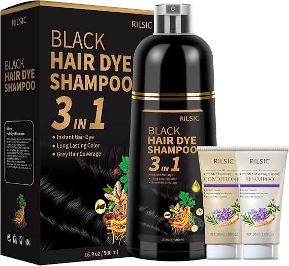 Black Hair Dye Shampoo 3 in 1 for Grey Hair Coverage,500ML Herbal Instant Hair Color & 50ML Shampoo & 50ML Conditioner,Long Lasting-Natural,Hair Colour Coloring in Minutes for Women Men (Black)