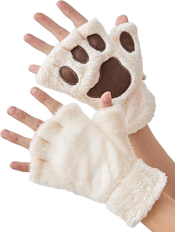 OTPEH Cat Paw Gloves, Furry Bear Paws Fingerless Gloves for Cosplay Costume
