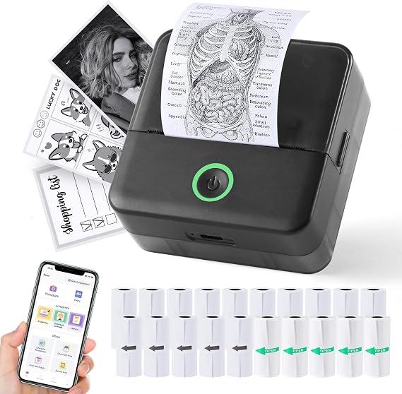 Print Pods Mini Printer, Thermal Inkless Sticker Maker with 20 Rolls Printing Paper, Pocket Printpod for phone, Impresora Portatil for Notes, Flashcards, Journal, DIY, Compatible with iOS & Android
