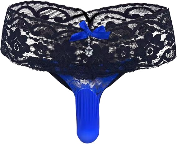 Mens Black Lace Thong Underwear with Pink Bow Pendant Low Rise Pouch Design Sheer Feminine Style Lingerie