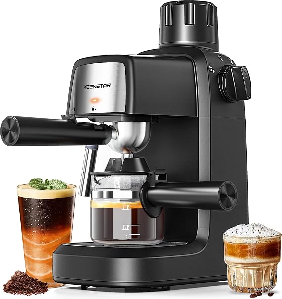 KEENSTAR 3.5Bar Espresso Machine 800W, Compact 4-Cup Espresso Maker Preheat | Fast Heating, Milk Frother Steam Wand, Espresso and Cappuccino Machine for Cappuccino or Latte Black