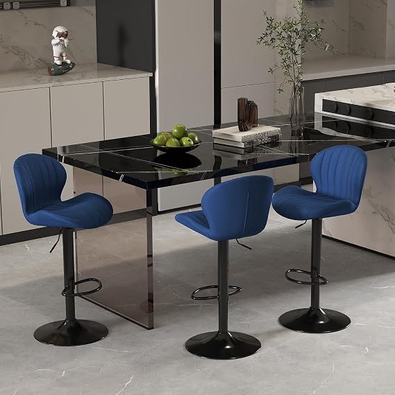 Youhauchair Velvet Fabric Counter Height Bar Stools Set of 3, Blue | Modern, Height Adjustable, Swivel, Armless, Kitchen Island Chairs with Back & Footrest, Soft, Upholstered Dining Room Chair