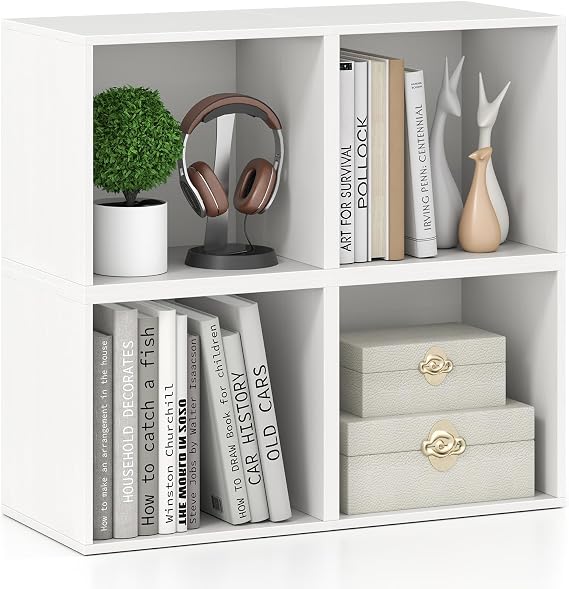 Giantex 4-Cube Bookcase, Stackable White Cube Storage Organizer w/Open Bookshelf, Wooden Display Shelving Unit for Small Space, DIY Modular Cubby Storage System for Home, Study, Living Room