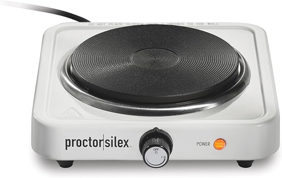 Proctor Silex Portable Electric Stove, Cast Iron Single Burner Cooktop | Compact Adjustable Temperature Hot Plate | Works With All Types Of Cookware | Adjustable Temp & 1000 Watts | White | 34107