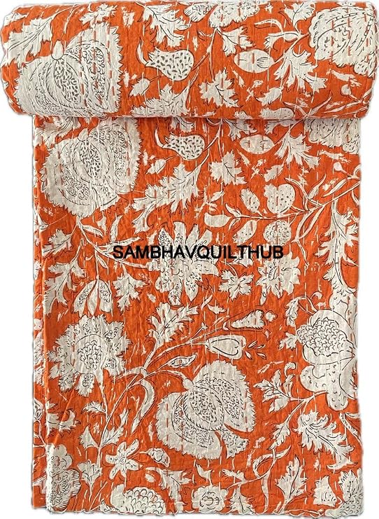 Hippie Floral Handblock Handmade Cotton Block Kantha Quilting Vintage Throw Blanket Hippie Queen/King Size Bohemian Bed Decor Quilt (Orange, 90X108 Inch)