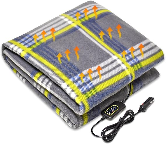 12V Electric Heated Blanket for Cars Plaid Fleece with Timer & Heat Control, Faux Sherpa Lining (Yellow Plaid)
