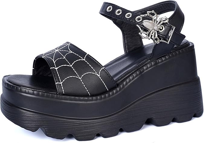 Black Wedge Heel Platform Summer Sandals Gothic Bat Deco Open Toe Slippers Metal Skulls Studs Buckles Slides For Women Size 3UK-8UK