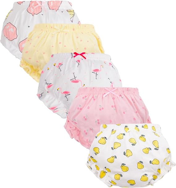 Baby Girl Cotton Panty Diaper Covers - Cute Baby Underwear 5 Pack Classic Ruffle Fancy Bloomers - Soft Babys Underwear Unisex Toddler Clothes Mulitpack Undies Comfortable Brief