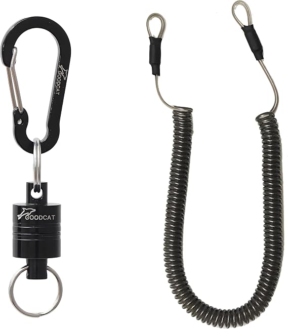 GOODCAT Strongest Magnetic Fly Fishing Net Release - Retractable Coiled Lanyard with Carabiner, Magnet Keychain Clip Retractor
