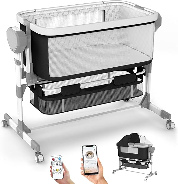 Rocking Bassinet for Baby, Electric Bassinet Automatic 5 Rocking Motion Bassinet Bedside Sleeper for Newborn, Auto Rolling Baby Cradle 6 Height Adjustable with 4 Lullabies, Wheels, Storage