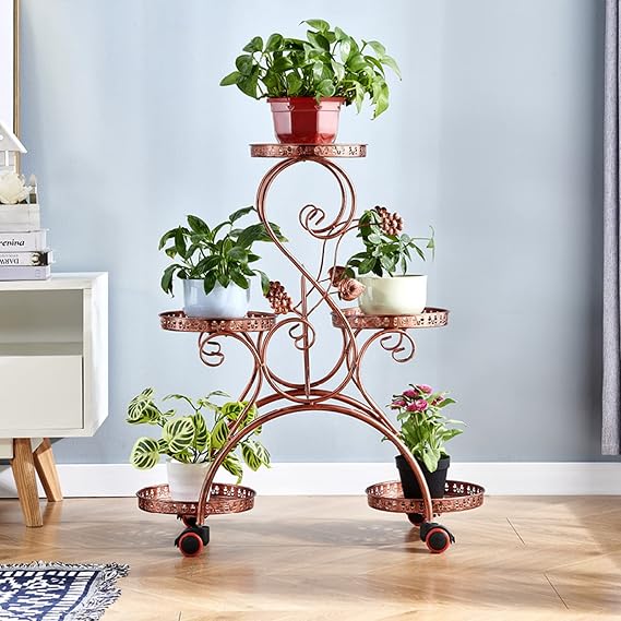 Plant Shelf Indoor - 5 Tier Tall Plant Stand, Metal Iron Plant Shelf, Flower Stand Flower Pot Display Stand, Plant Holder with Wheels, for Flowerpot Home Garden Corner Porch (Color : Copper)