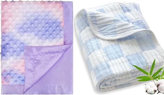 2 Pack Silky Satin Baby Blanket for Girls Unique Tie Dye Minky Fabric + Muslin Baby Blanket Unisex with Checkerboard Design Blue