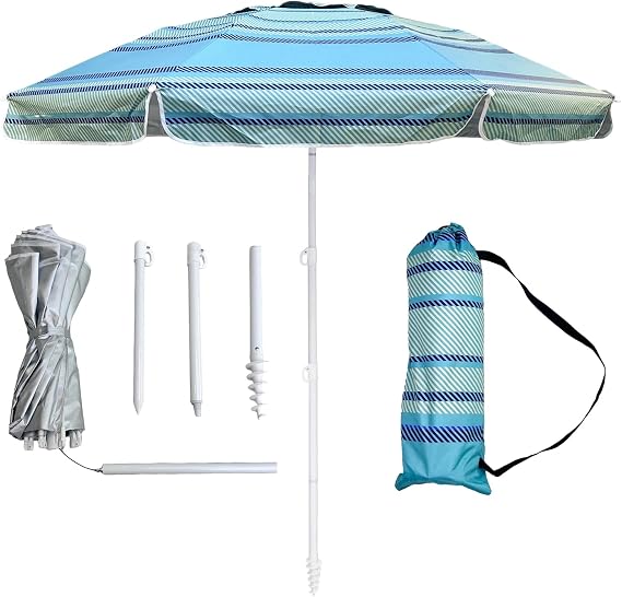 LOTTAFUN 6ft Beach Umbrella - Heavy Duty Wind Resistant UV 50+ Portable Sun Shade with Sand Anchor & Carry Bag, Outdoor Folding Umbrella for Beach, Pool, Patio, Garden (Blue strip)