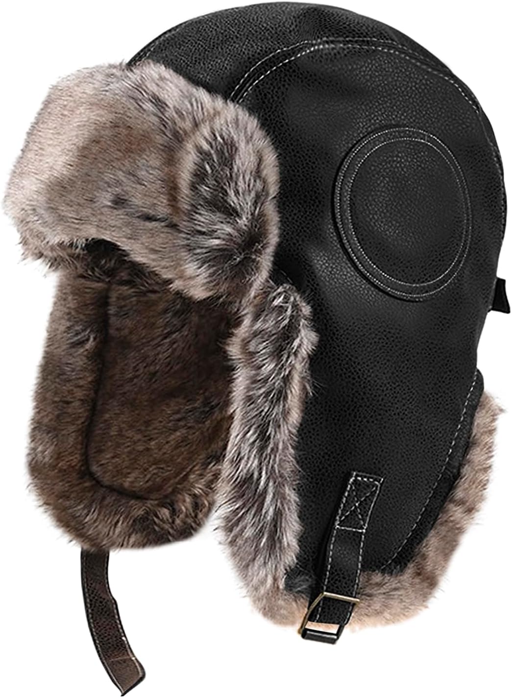 TINAYAUE PU Leather Winter Pilot Cap for Men Women Faux Fur Russian Ushanka Trapper Hat with Earflaps Thickened Warm Hat Outdoor Windproof Skiing Cycling Hat for Cold Weather Beanie Hat