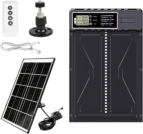 Large Solar Automatic Chicken Flap Upgrade, Electric Chicken Flap Automatic with Timer, 7 W Solar Panel, Anti-Pinch, LCD Display, Remote Control, Automatic Chicken Coop Door, Chicken Door