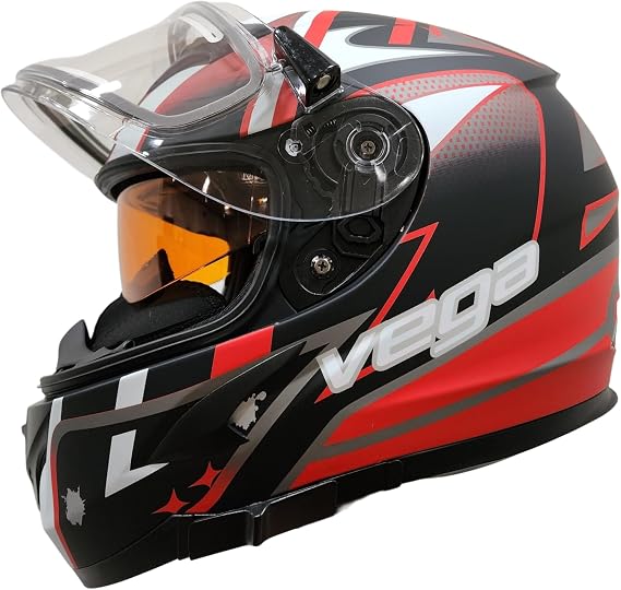 Vega V-Star Snowmobile Helmet with Electric Heated Shield & Amber dropdown shield, Red Evoluition, Medium