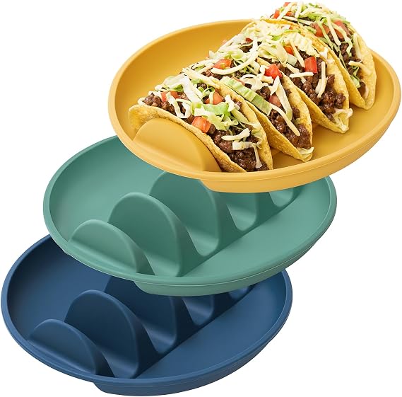 Silicone Taco Plates with Metal Reinforced Frame, Reusable Taco Holder Plates Silicone Taco Holders with Dividers for Hard/Soft Taco Shells, Taco Party Serving Plates, Dishwasher Safe