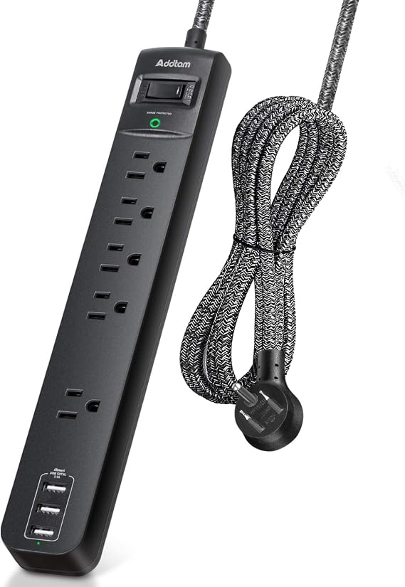 10 Ft Power Strip Surge Protector- 5 Outlets 3 USB Ports, Flat Plug Braided Extension Cord, Overload Surge Protection, Wall Mount for Hotel, Home and Office.