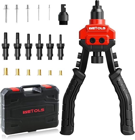 WETOLS 3 in 1 Rivet Gun with 5 Rivet Heads, Rivet Nut Tool Kit, Reamer Set | Professional Rivet Gun Kit with 50 Rivets, Rivnut Tool Kit with 6 Metric & SAE Mandrels, 60 Rivet Nuts, Sturdy Case, WE-890