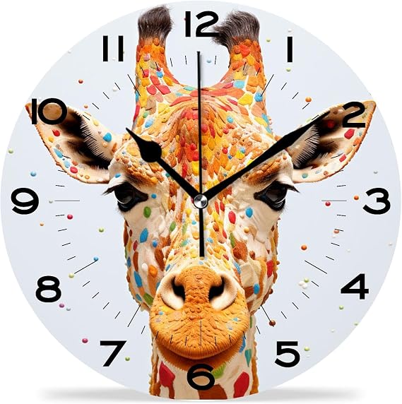 Funny 10 Inch Wall Clocks Battery Powered Decor,Giraffe in Green Forest Woodland Multicolor