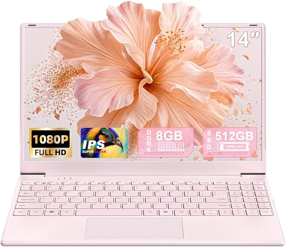 MS Office 2024/Win 11 Pro14" Pink Portable Laptop Computer, N5095 CPU, 8GB RAM Up to 64GB Extension, 512GB NVMe SSD, 1920P FHD IPS Display, Numeric Kead, 2.4/5G WiFi, BT4.2, for Students and