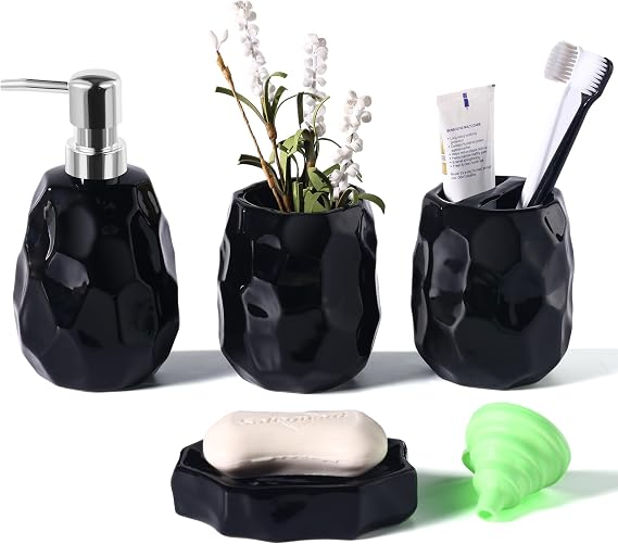 Bathroom Accessories Set 4 Piece Bathroom Accessories Set Lotion Soap Dispenser Soap Dish Toothbrush Holder Toothbrush Cup Bathroom Organiser for Modern Bathrooms (Black)