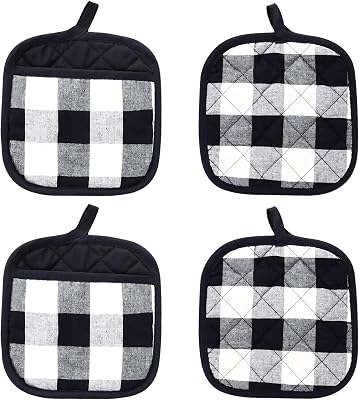 4 Pieces Checked Pot Holders Set, Heat Resistant Oven Mitts Pads with Pocket, Non-Slip Potholders for Kitchens Clearance Backing Cooking Countertop Decor Accessories Black, White