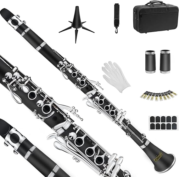 Soulmate Clarinet for Beginner Student Adults 17 Keys Bb Clarinet Set with 2 Barrels Hard Case 10 Reeds and Cleaning Kit, Professional Black