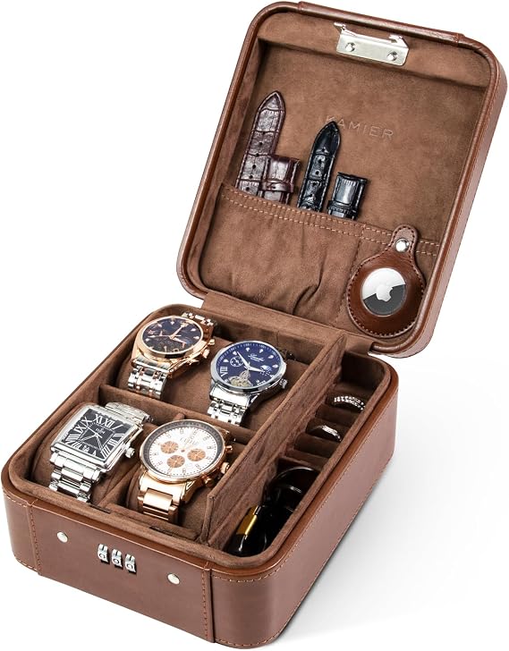 KAMIER Watch Box with Combination Lock - 4 Watch Storage and Jewelry Organizer - Luxury Watch Travel Case for Ring and Watch Storage, PU Leather Watch Cae, Ideal for Gift (With Gift Box), Brown