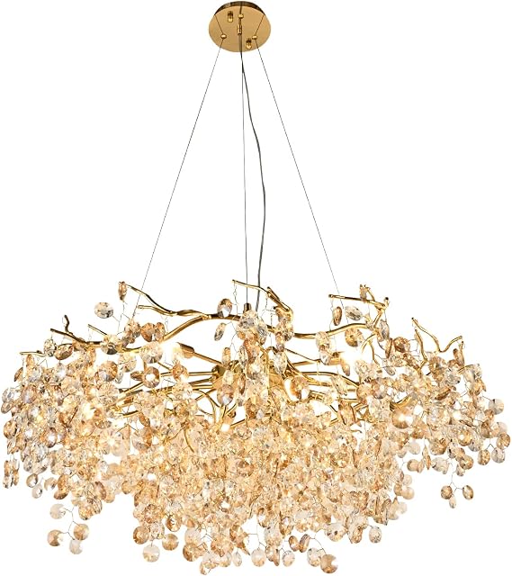 Modern Crystal Chandelier, Champagn Gold Tree Branch Chandeliers, Luxury Raindrop Ceiling Light Fixture for High Ceiling, Dining Room, Kitchen, Office, Living Room