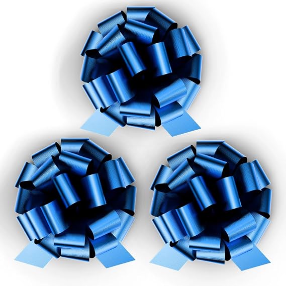 8" Blue Satin Pull String Gift Bows, 3-Pack