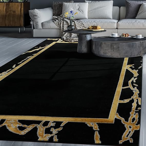 Antep Rugs Babil Gold 4x6 Marble Bordered Modern Geometric Indoor Area Rug (Black, 3'11" x 5'11")