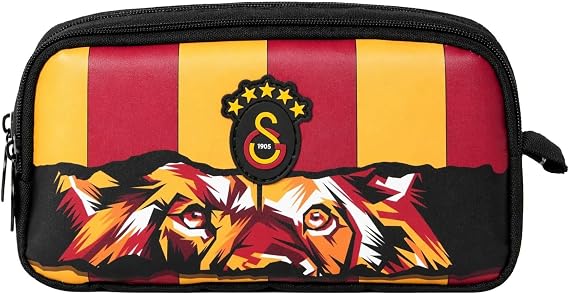 Galatasaray İki Gözlü Erkek Çocuk GS Aslan Baskılı Siyah - Kırmızı Okul Kalem Çantası/Kalemlik - 26571