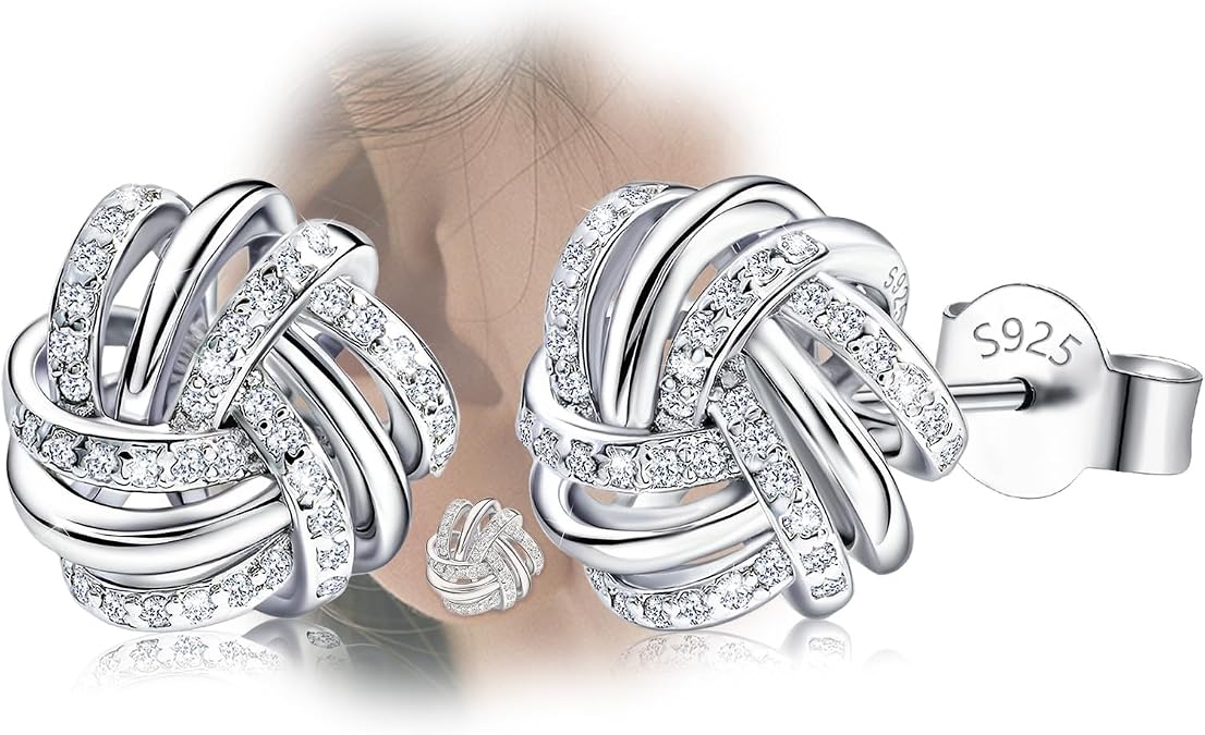 14K White Gold Plated Stud Earrings | 925 Sterling Silver Post CZ Hypoallergenic Earrings Hollow Love Knot Cubic Zirconia Earrings for Women