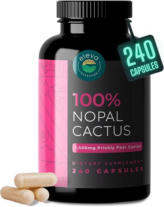 Nopal Cactus Capsules 1500mg- Organic Sun-Dried Prickly Pear Cactus Powder & Black Pepper Extract for Absorption- Natural Prickly Pear Super Supplement- Fiber, Vitamins and Minerals 240 Capsules
