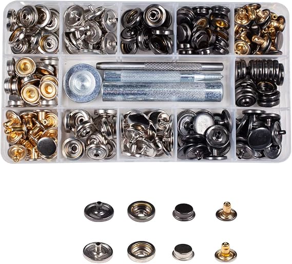 INNETOC 60 Sets - 15mm 5/8" 2 Color Eco-Friendly Heavy Duty Leather Snap Fasteners Kit with 4 Tools, Snaps for Leather DIY. (2 Color, 15mm Brass)