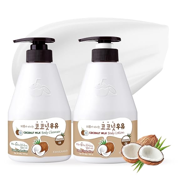 WELCOS Kwailnara Coconut Milk Body Lotion & Body Wash Set Moisturizing & Revitalizing Korean Skincare Bundle with Coconut Milk Extract, 560g / 19.75oz Each