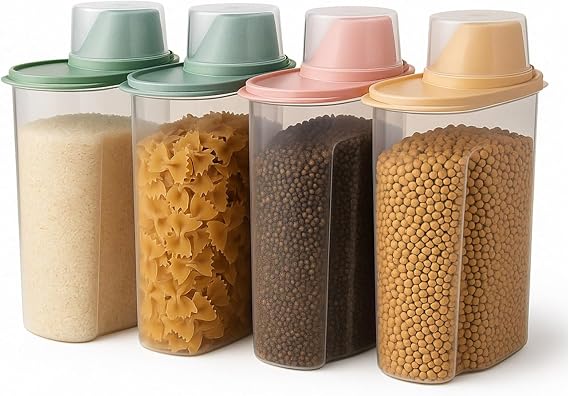 Cereal Storage Containers 4PCS 2.2L Airtight Dispenser Set | Airtight Food Containers with Pour Spouts and Measuring Cups, Ideal for Cereal, Flour, Pasta, Grains and Pet Food Storage