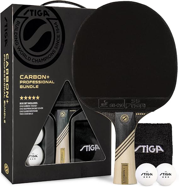STIGA Carbon+ Bundle Ping Pong Paddle Set 7-ply Extra Light Carbon Fiber Blade 2mm Premium Sponge Concave Pro Handle 2 3-Star Tournament Balls Neoprene Racket Cover Player Wristband