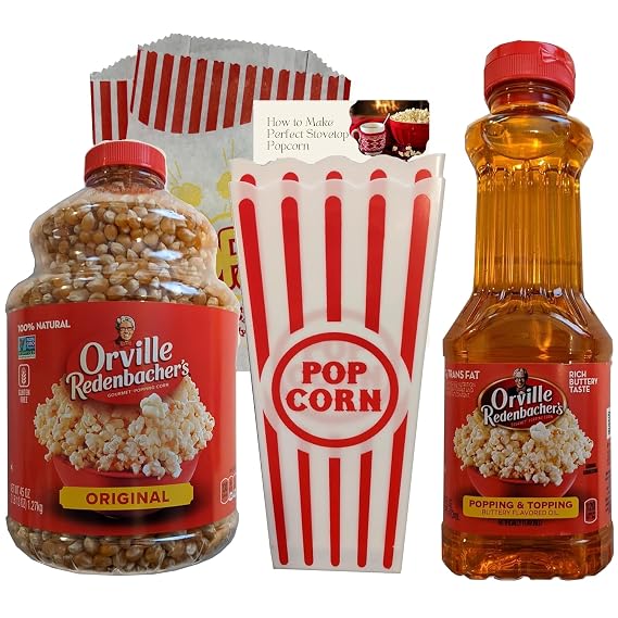 Gourmet Movie Theater Popcorn Kit Premium Popcorn Bundle Pack with 45oz Whole Grain Kernels, Buttery Flavored Oil, Reusable Containers & Recipe Card Gluten-Free Homemade Popping Corn Set for Movie Nights & Parties